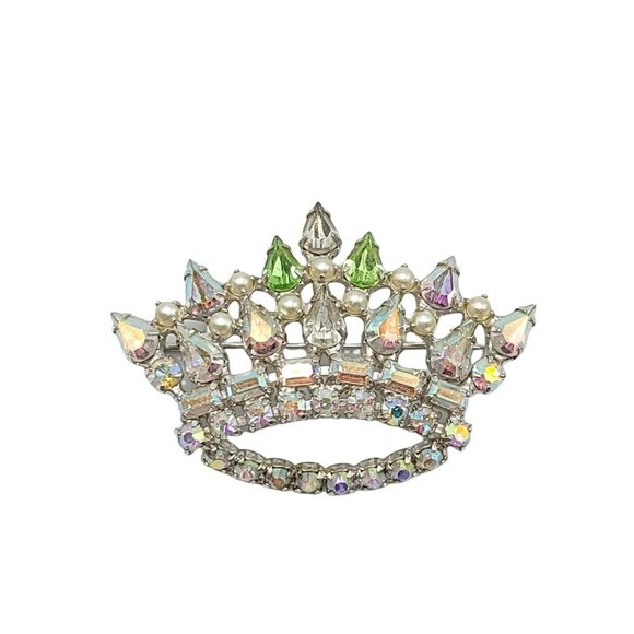B. David Jewelry - B David Silver Tone Pastel Multi Color Glass Stone Crown Brooch Pin Vintage